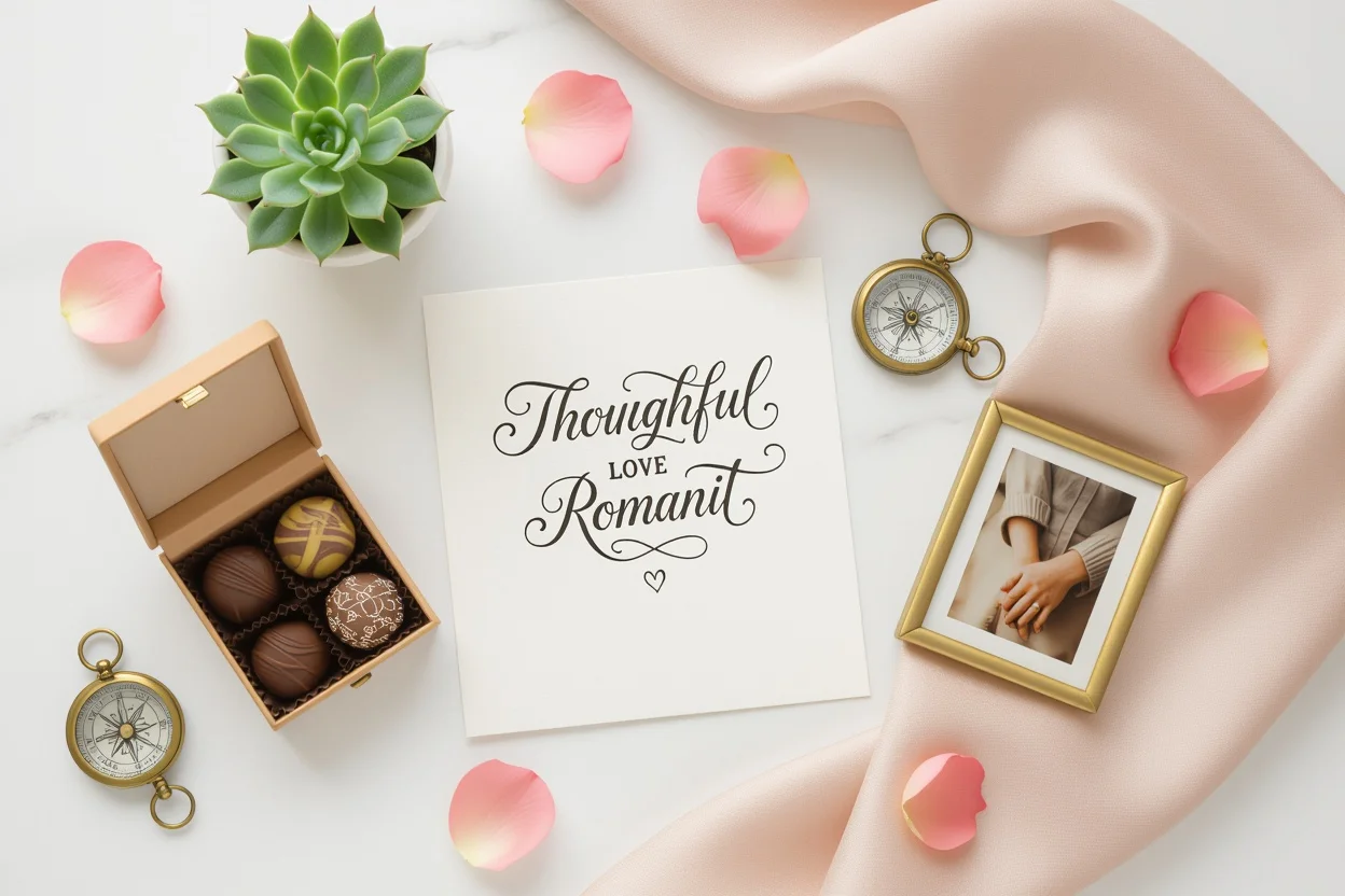 Thoughtful everyday romantic gifts arranged on marble surface including love note, succulent plant, and meaningful keepsakes