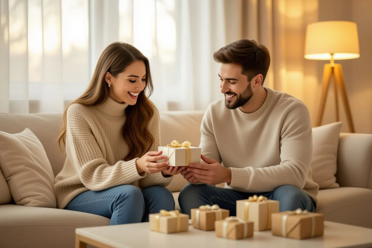 Couple sharing intimate gift-giving moment in cozy living room with multiple small wrapped presents on coffee table