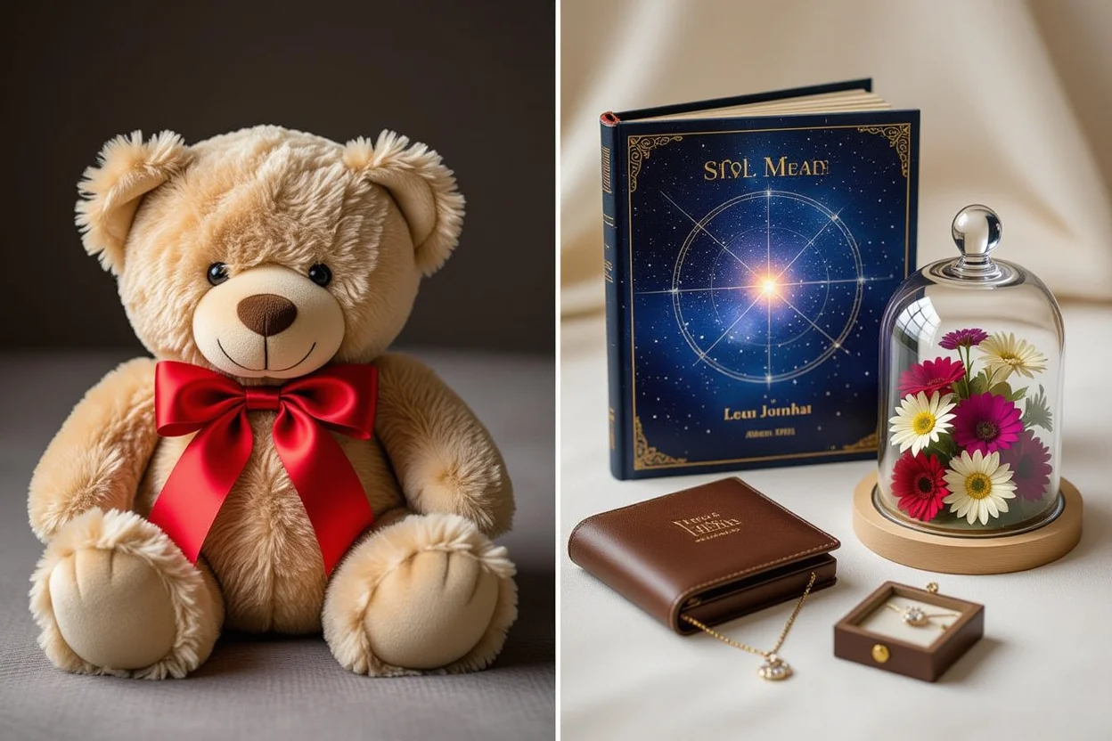 Side-by-side comparison of generic teddy bear versus collection of personalized romantic gifts including star map and preserved flowers