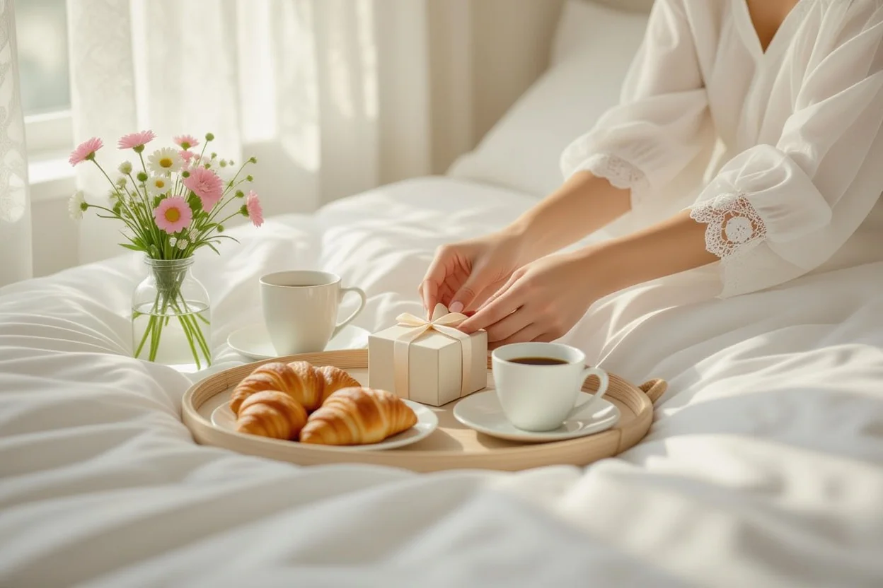 Morning surprise gift on breakfast tray in sunlit bedroom emphasizing everyday romantic gestures and simple acts of love