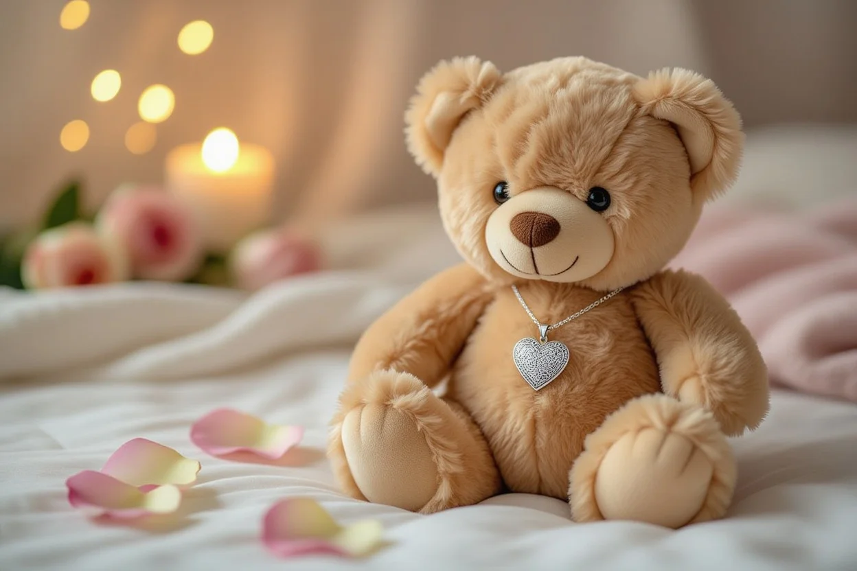 Teddy bear with hidden heart necklace surprise romantic gift for Valentine's Day