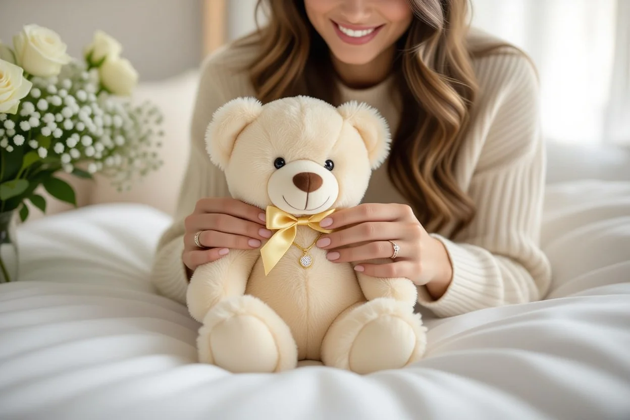 Woman discovering hidden necklace inside teddy bear romantic surprise gift