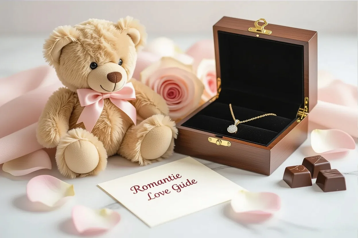 Romantic gift set with teddy bear and hidden jewelry flat lay styling