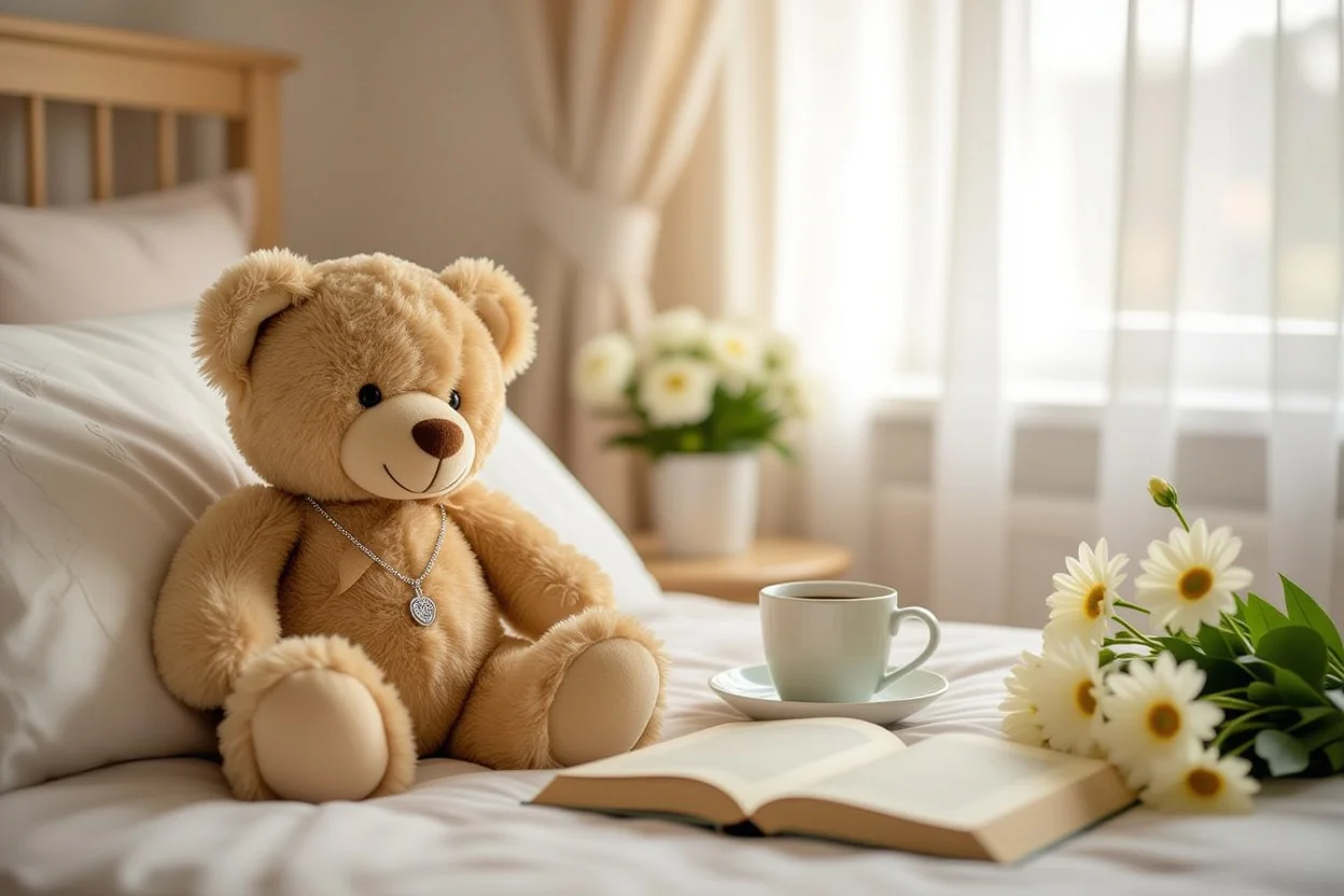Teddy bear with surprise necklace in cozy bedroom daily love gift