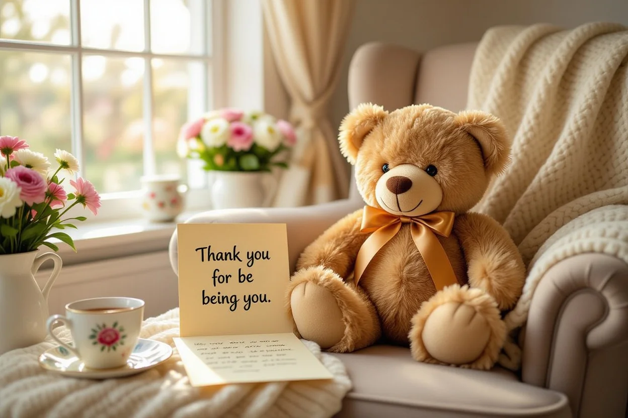 Teddy bear gift with thank you note on armchair showing daily appreciation and thoughtful gifting