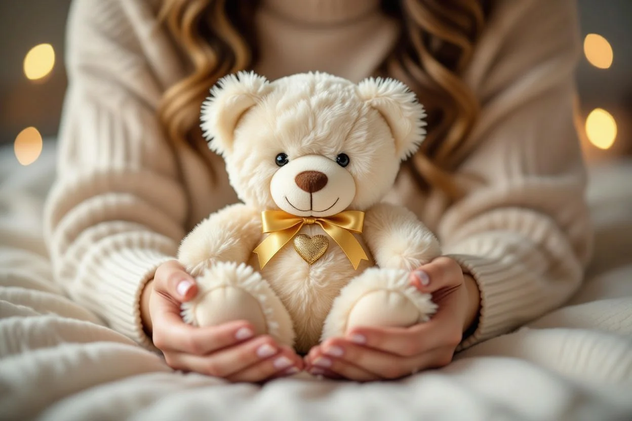 Hands holding luxury teddy bear with heart charm representing appreciation gifts for meaningful relationships