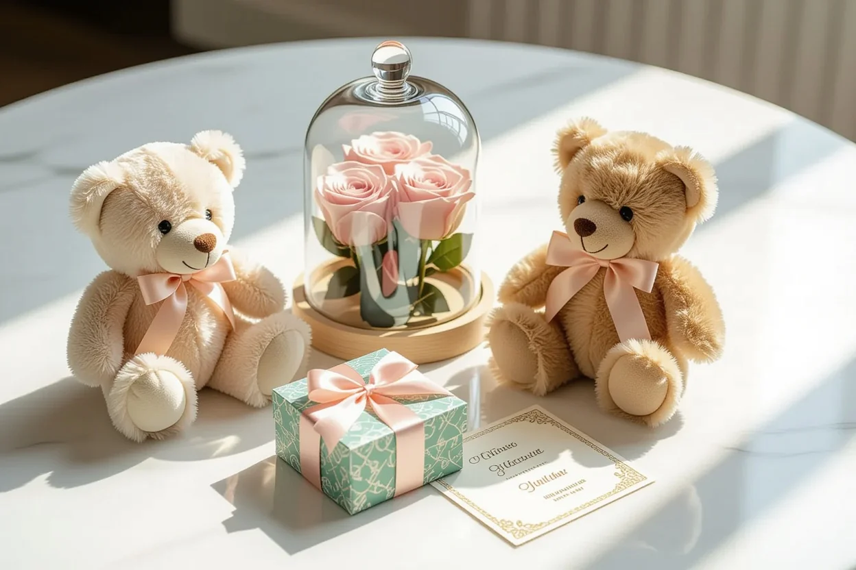 Elegant gift collection with teddy bear and preserved flowers for expressing daily appreciation and gratitude