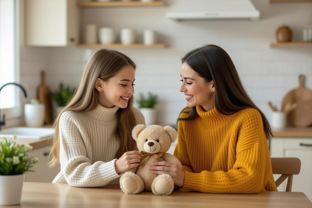 Mother and daughter sharing teddy bear appreciation gift in kitchen showing family bonds and daily gratitude