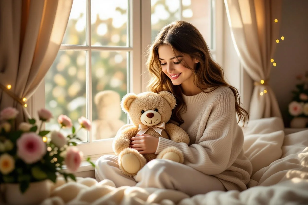 Woman smiling while holding romantic teddy bear gift in cozy bedroom setting