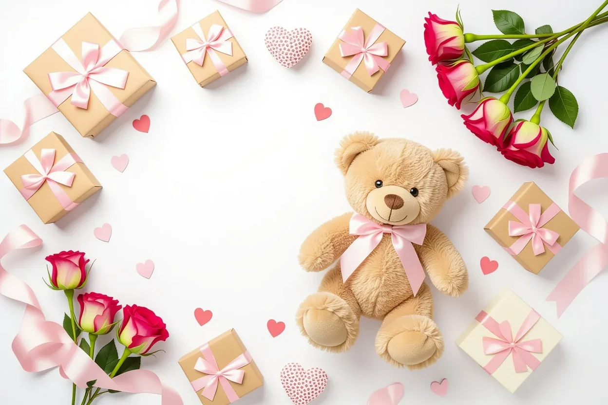 Romantic gift arrangement with teddy bear and Valentine's Day presents for her