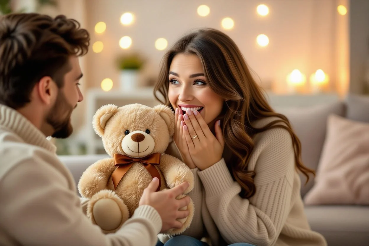Couple sharing romantic moment with teddy bear surprise gift exchange