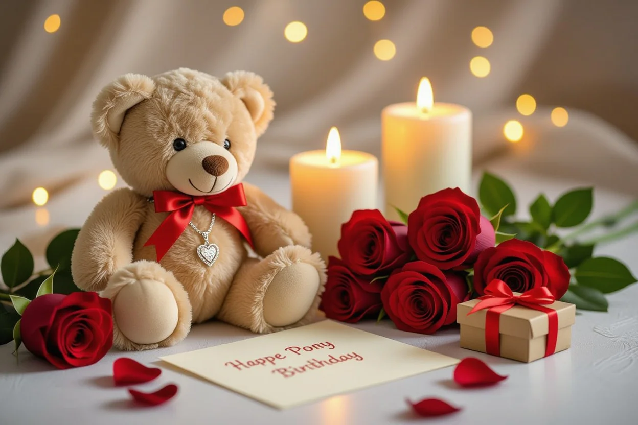 Romantic gift arrangement teddy bear hidden necklace roses candles Valentine's Day anniversary
