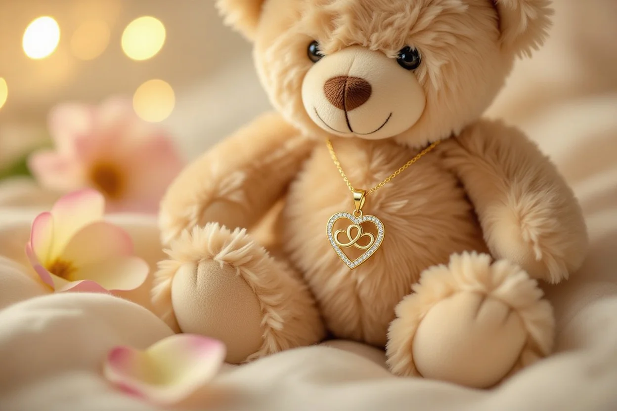 Close-up delicate heart necklace teddy bear romantic jewelry gift for her