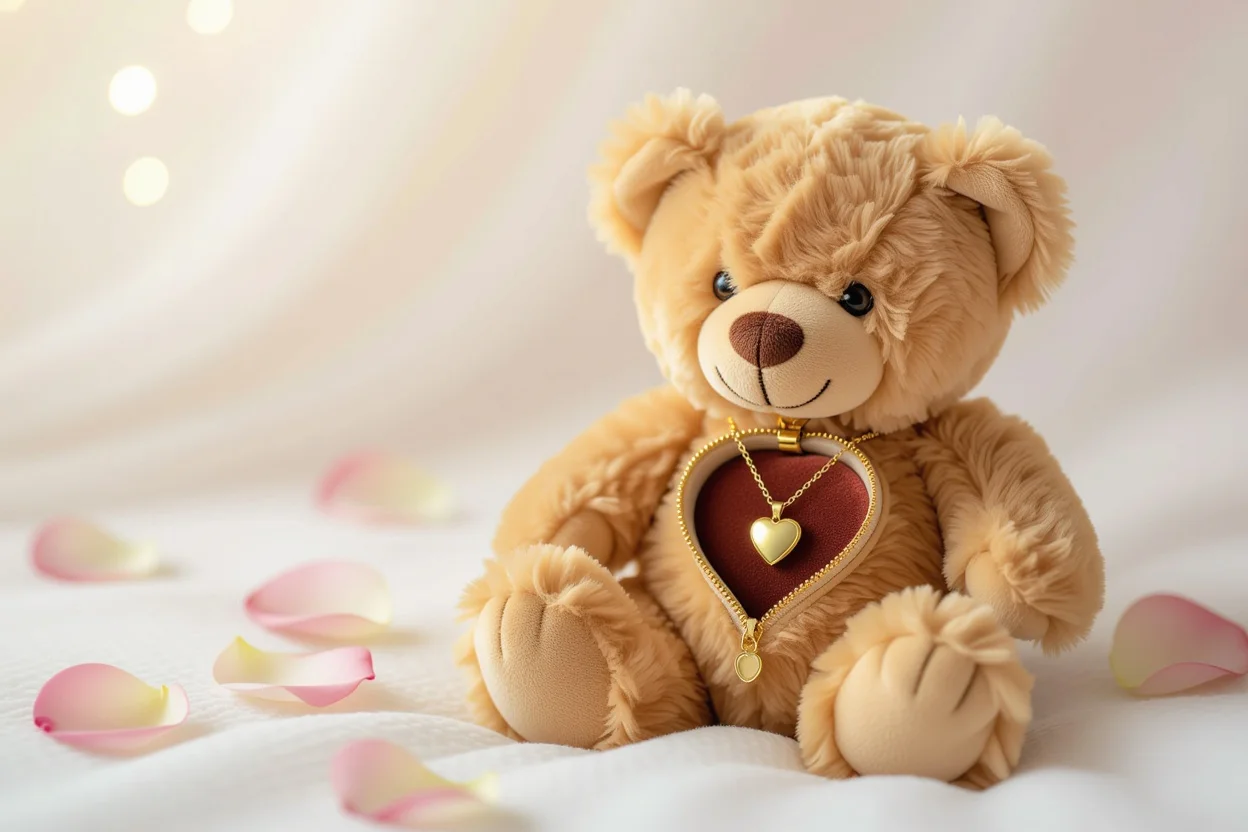 Teddy bear gift with hidden necklace compartment showing gold heart pendant jewelry surprise for her