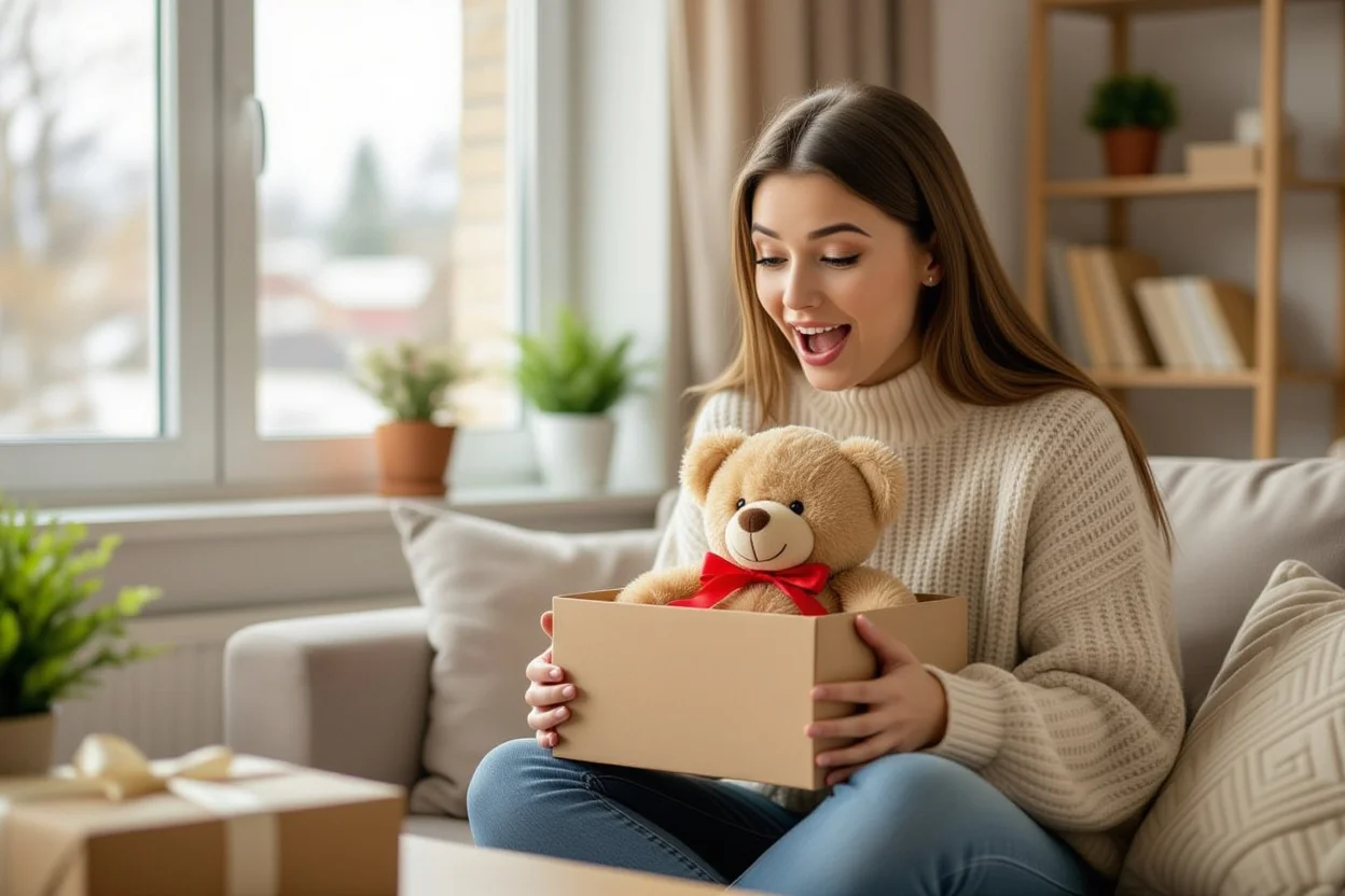 Woman receiving surprise teddy bear gift delivery on ordinary Tuesday showing spontaneous romantic gesture