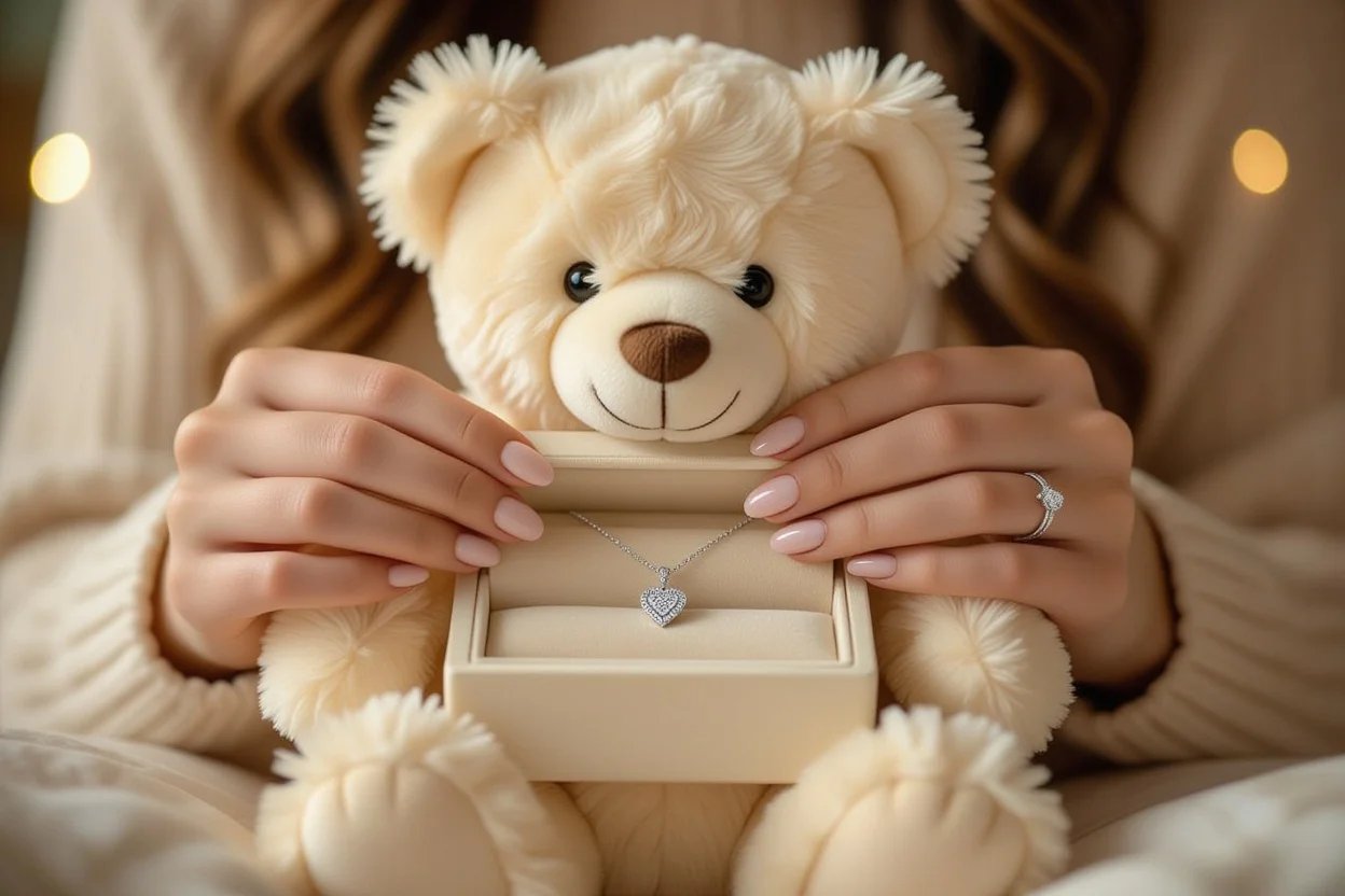 Hands discovering hidden necklace inside teddy bear gift showing romantic surprise jewelry reveal moment