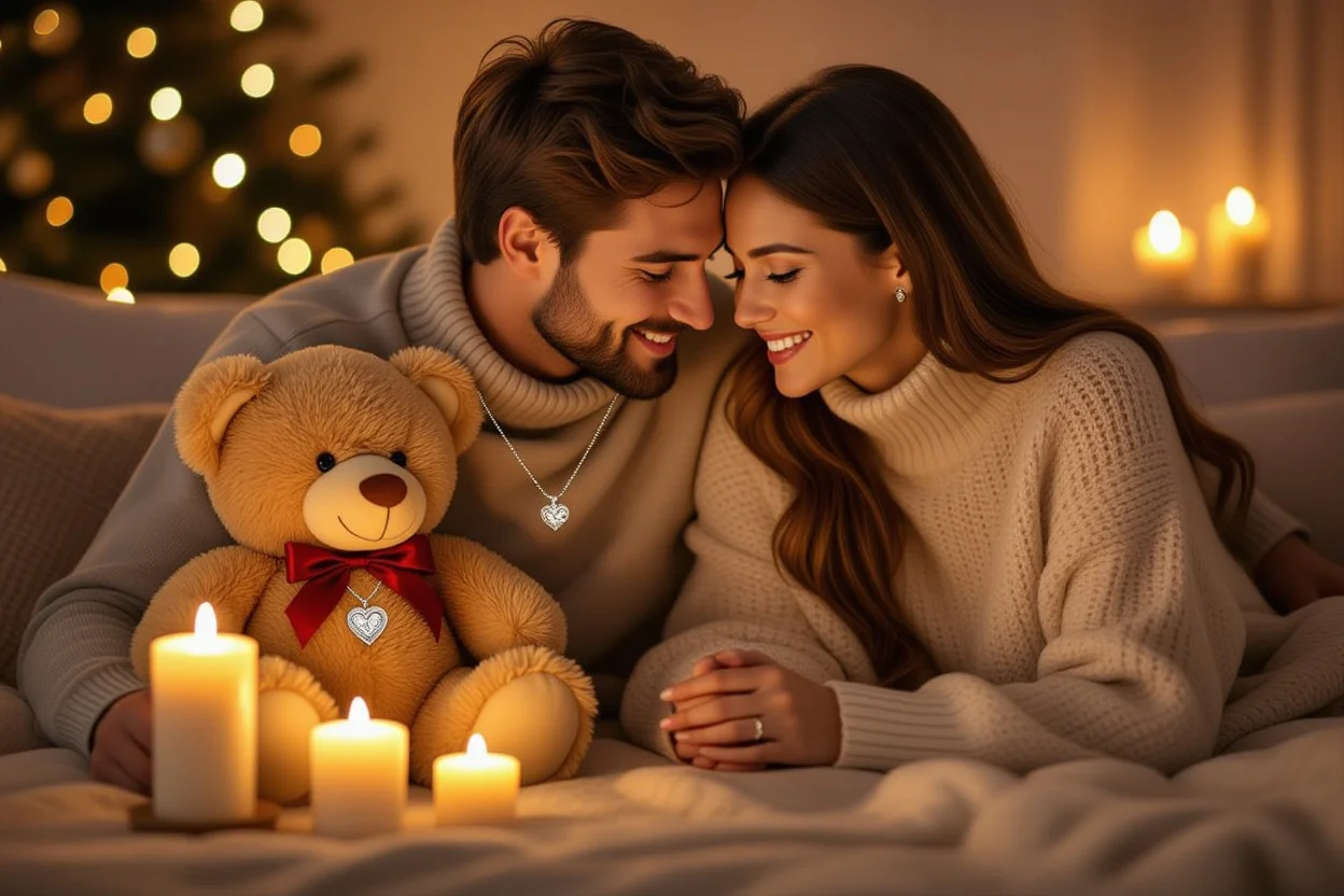 Couple enjoying romantic evening with woman wearing necklace from teddy bear surprise gift showing relationship goals