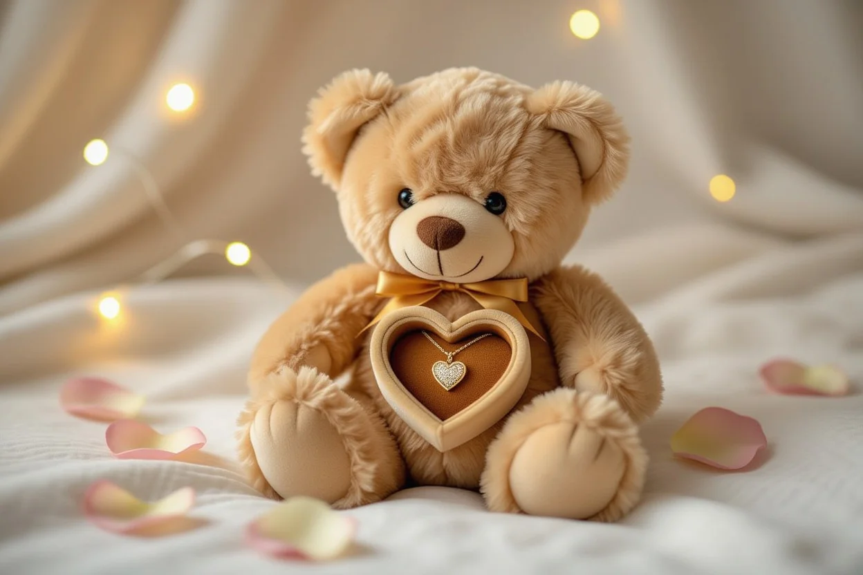 Romantic teddy bear with hidden necklace compartment revealing heart pendant jewelry gift