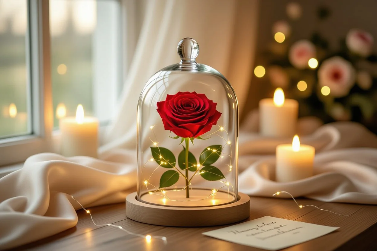 Forever preserved red rose in glass dome romantic gift that lasts forever
