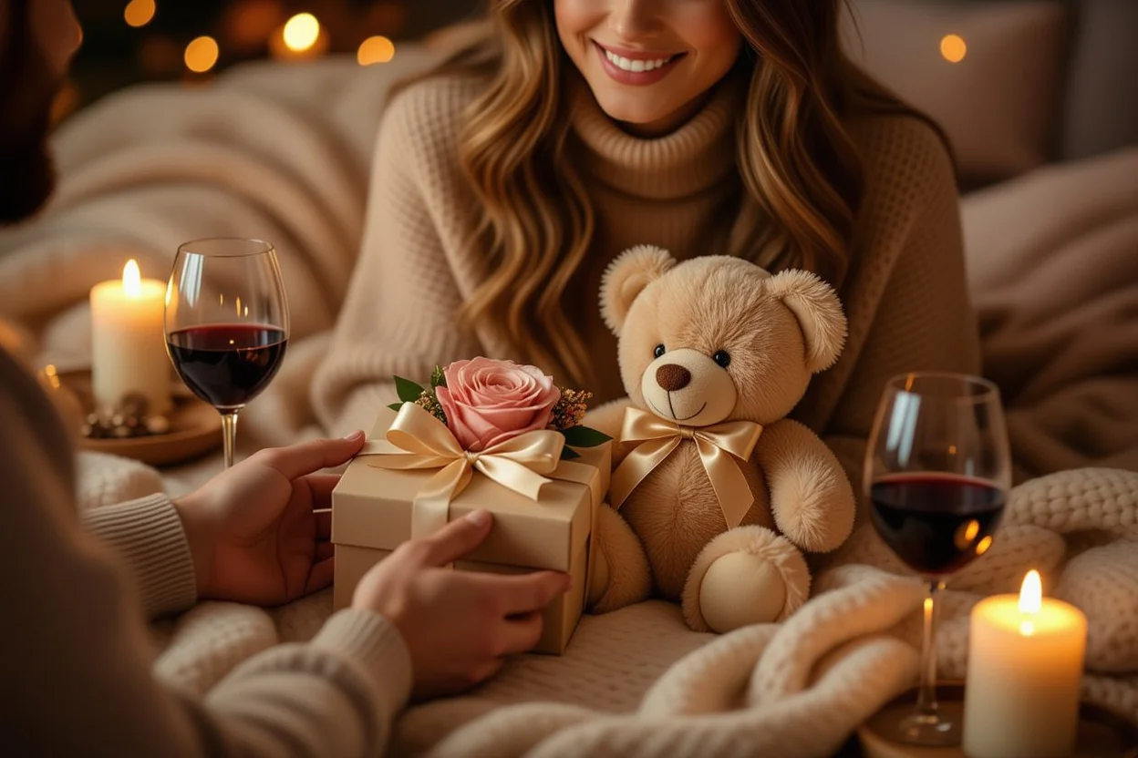 Romantic gift giving moment with teddy bear and preserved rose Valentine's Day surprise