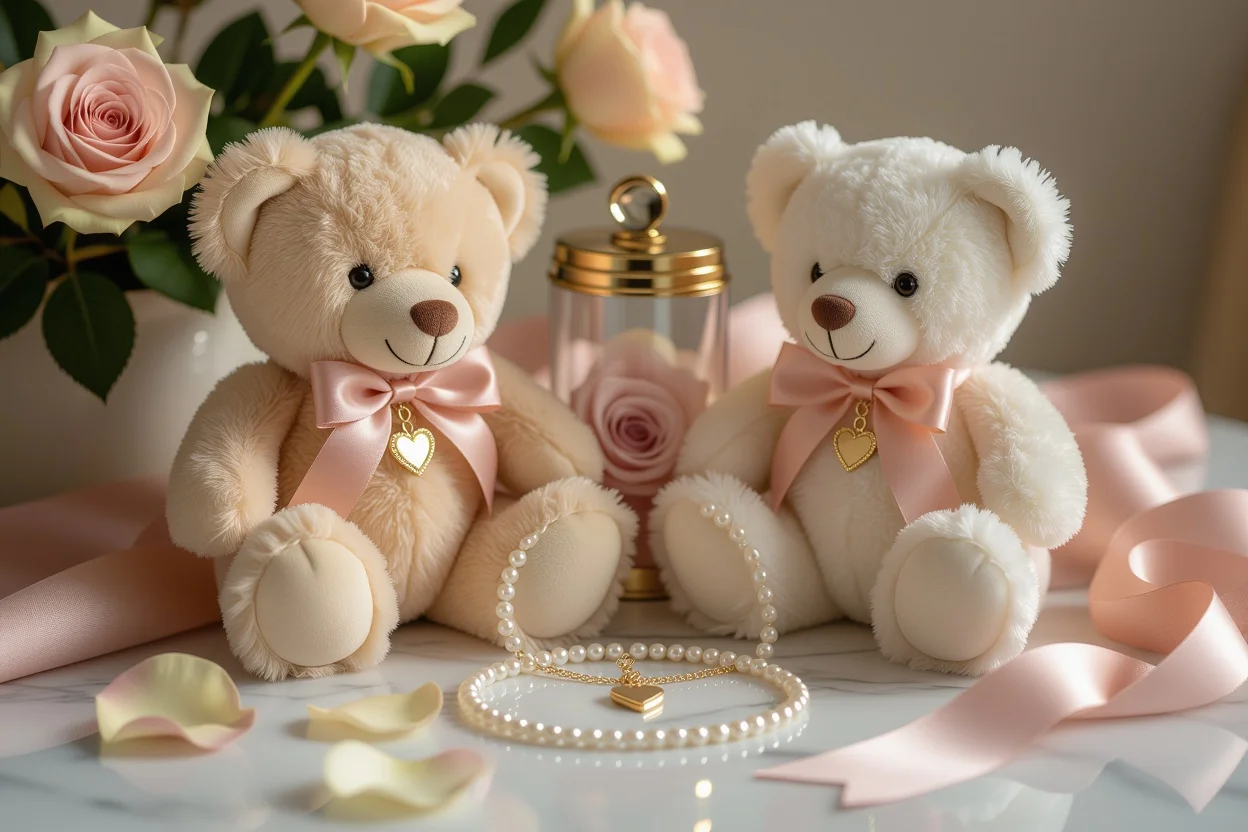 Luxury romantic gift set flat lay with teddy bear hidden necklace and preserved rose