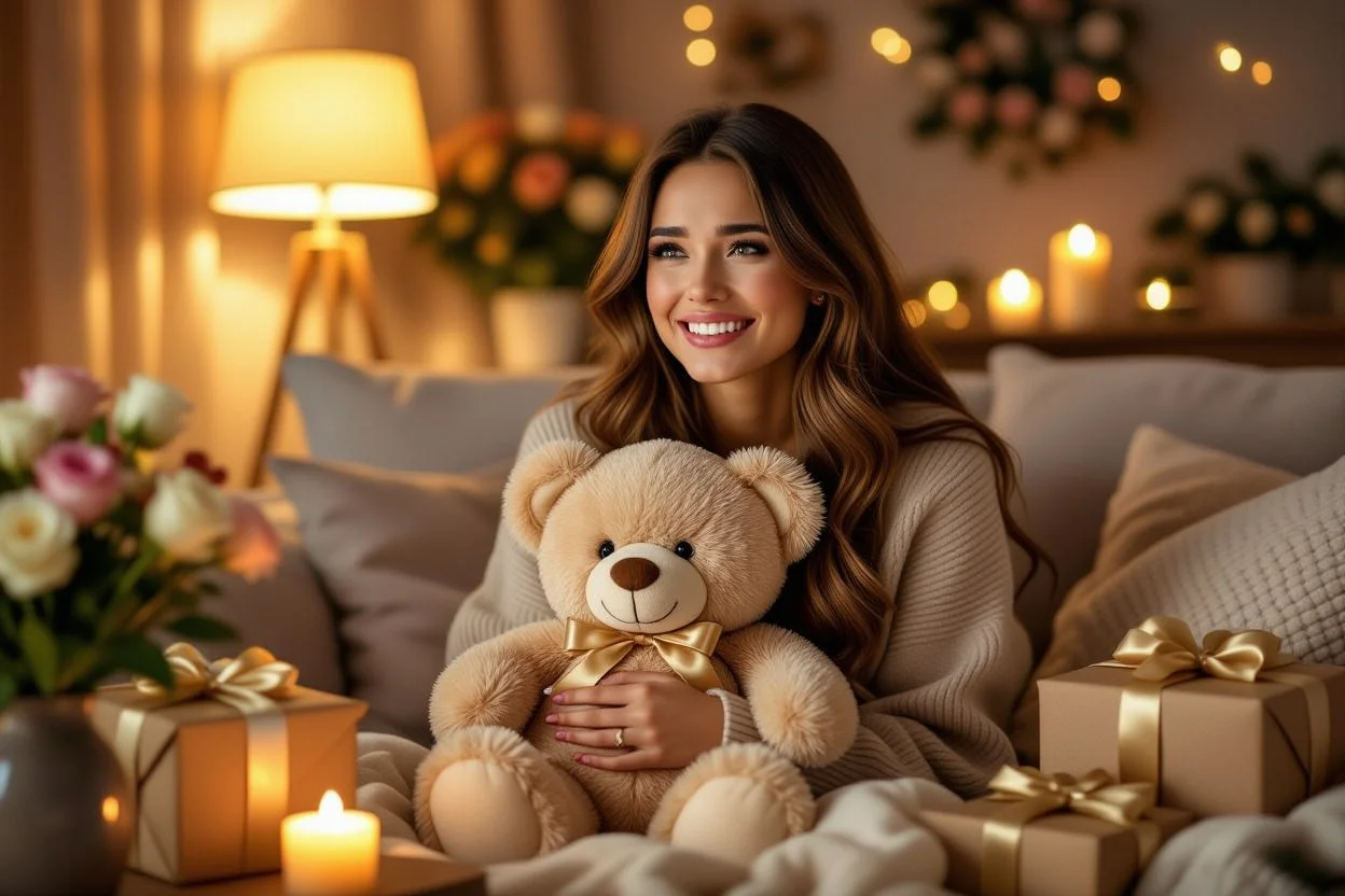 Woman crying tears of joy while receiving surprise teddy bear romantic gift in cozy living room