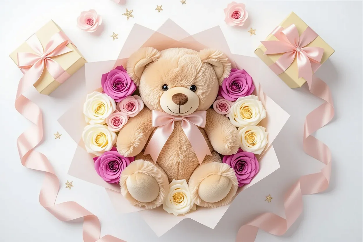 Luxury teddy bear gift arrangement with preserved roses and romantic gift packaging