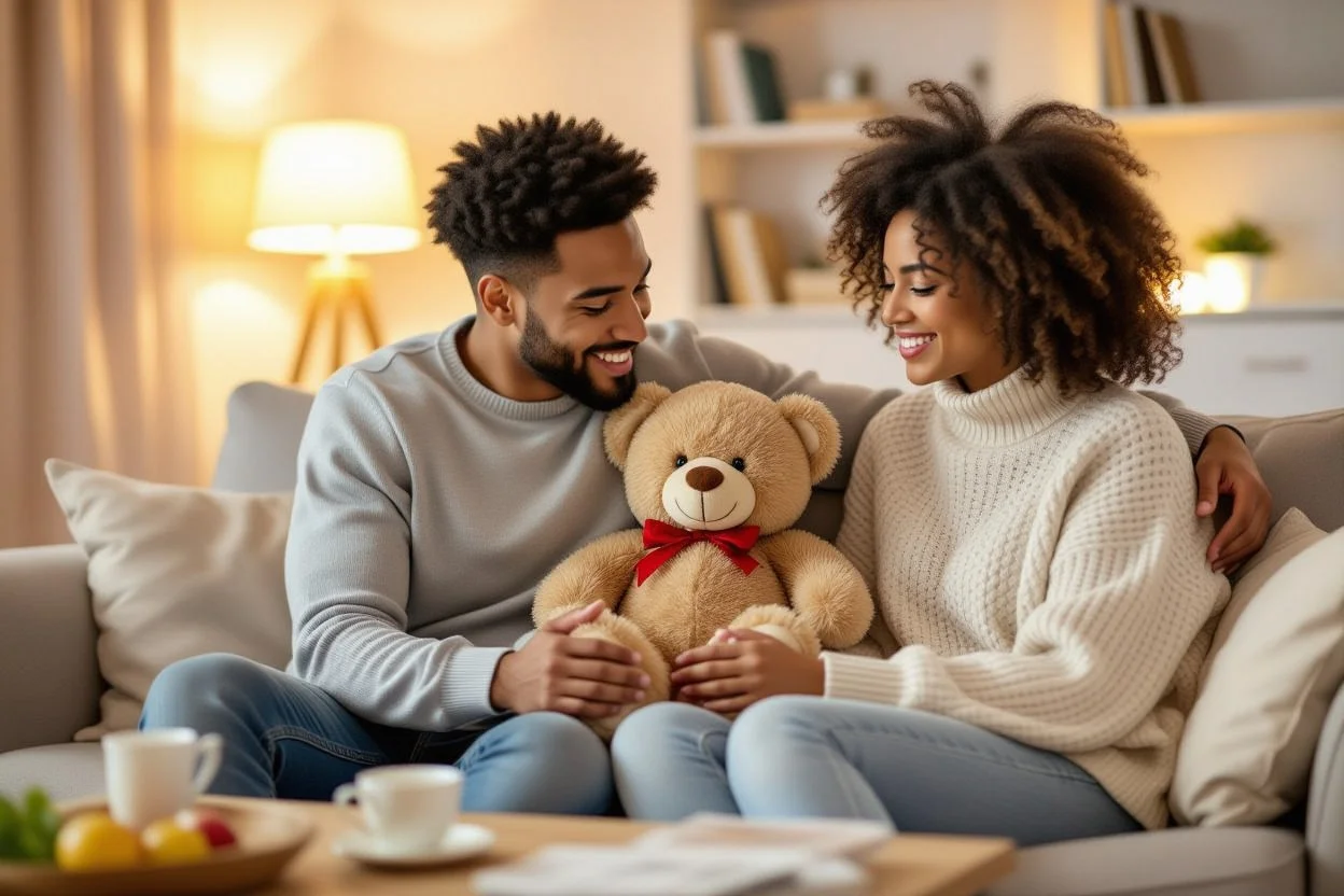 Couple sharing romantic teddy bear gift moment in cozy home setting with warm lighting