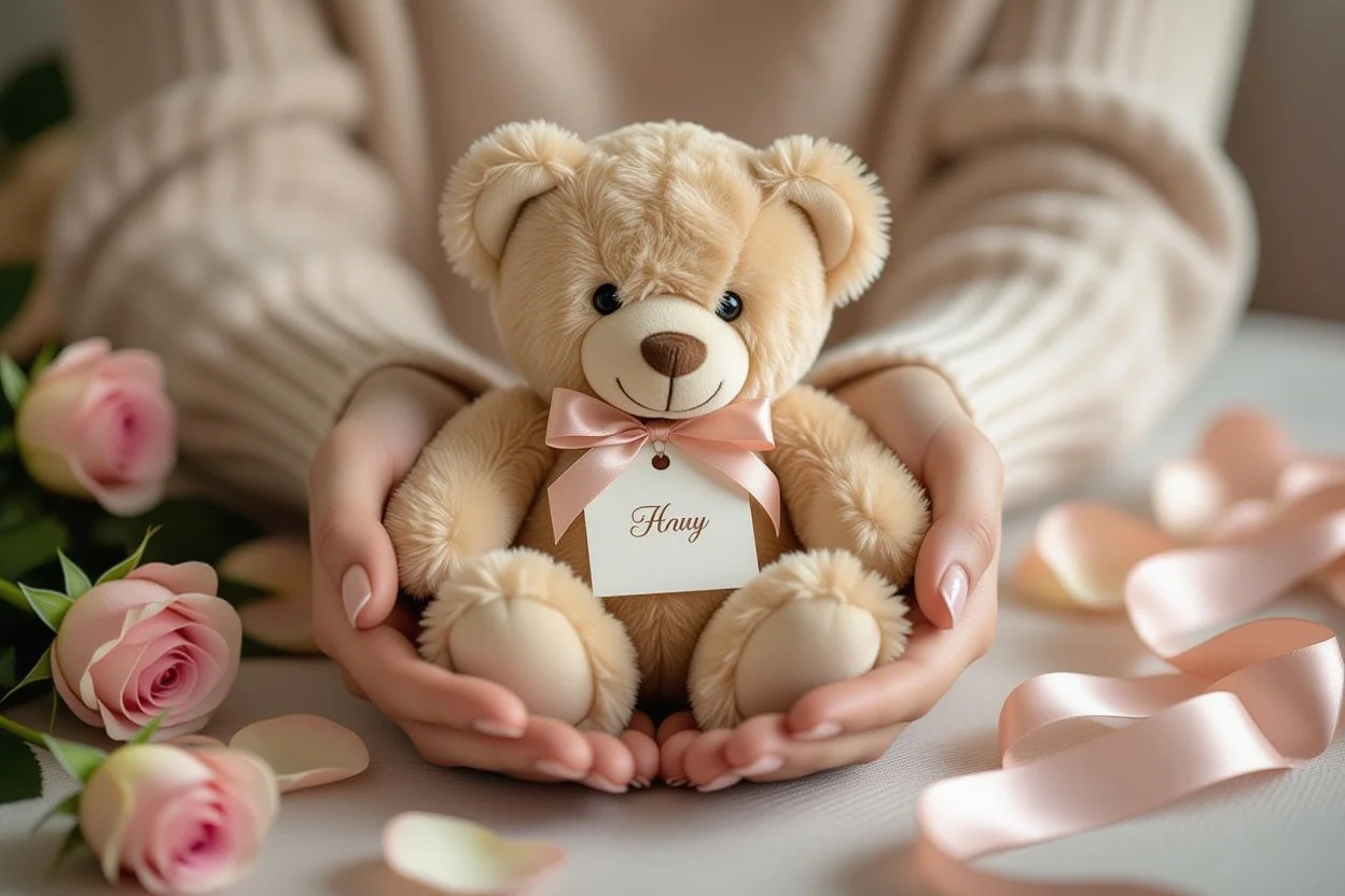 Hands holding quality teddy bear romantic gift with rose petals and gift details