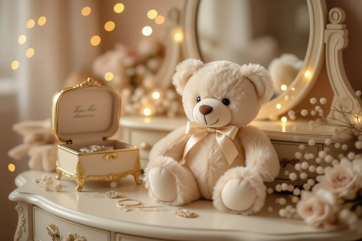 Romantic teddy bear gift with hidden surprise compartment containing jewelry on elegant vanity table