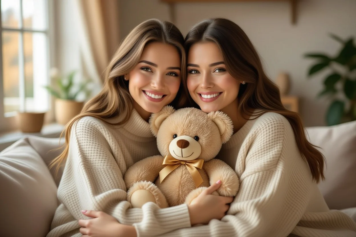 Two women sharing emotional moment while exchanging meaningful teddy bear gift between friends