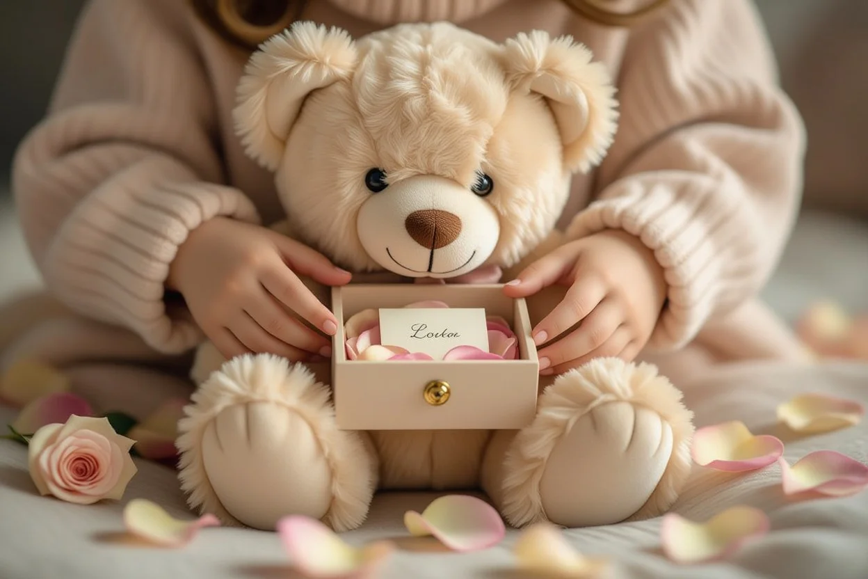 Hands opening hidden compartment in teddy bear revealing preserved flowers and love letter surprise