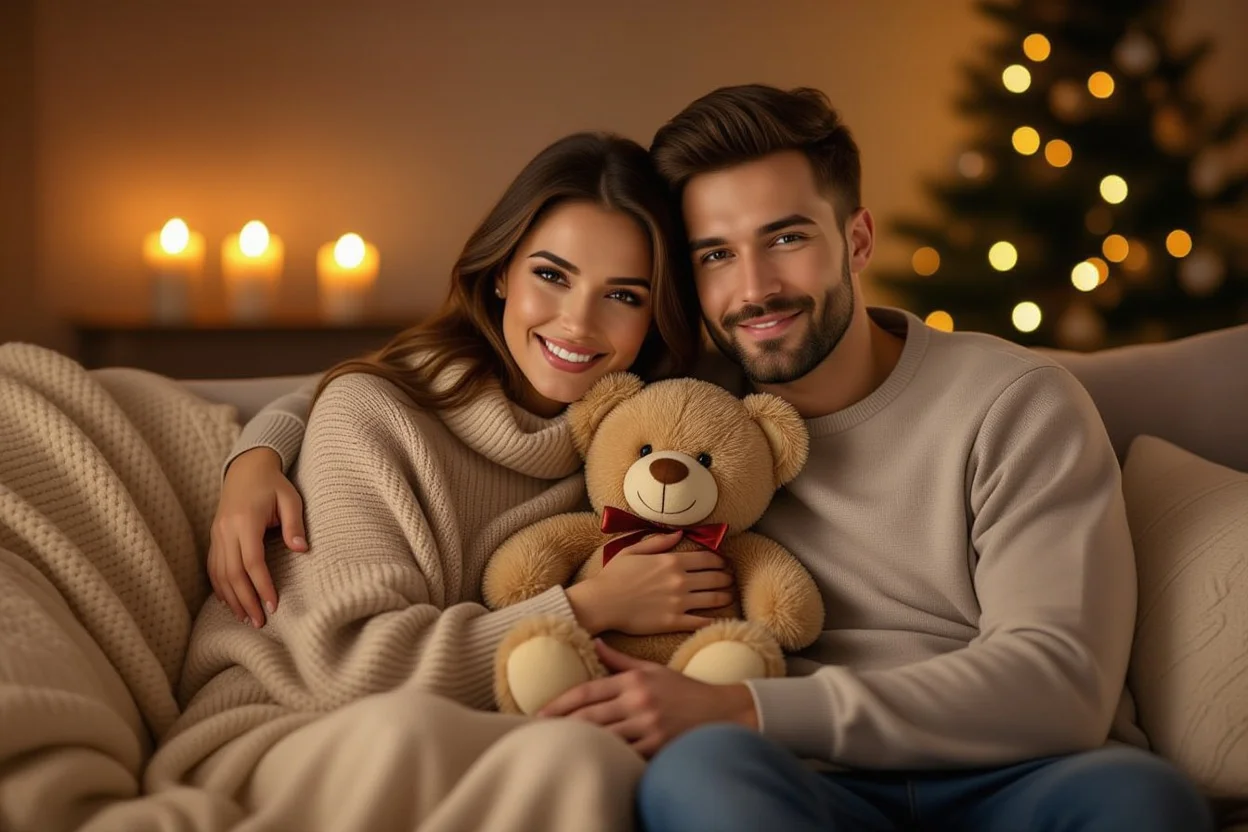 Romantic couple sharing intimate moment with meaningful teddy bear gift representing lasting love