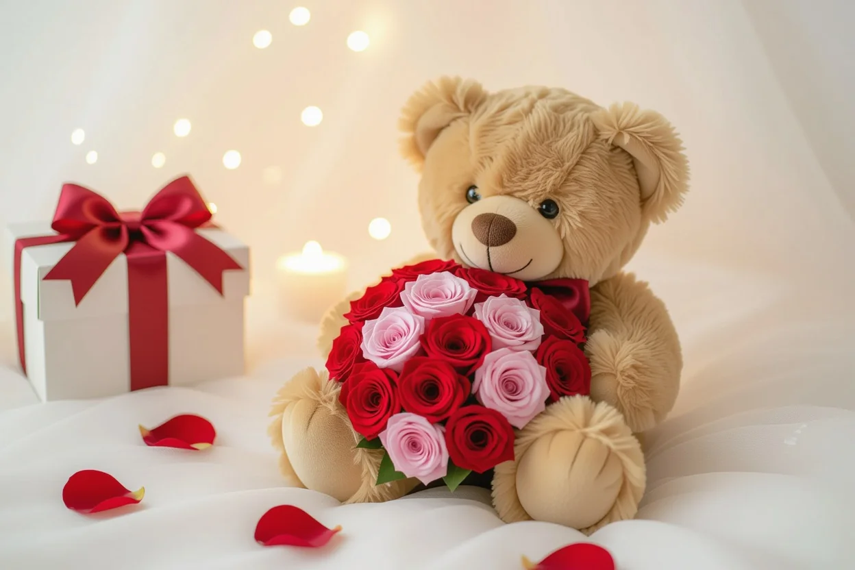 Eternal bloom teddy bear with preserved roses romantic Valentine's Day gift