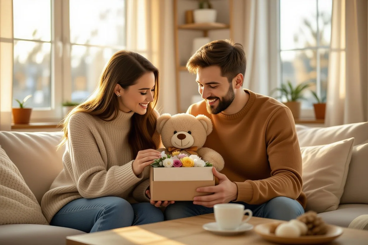 Couple sharing romantic gift moment with teddy bear and preserved flowers at home