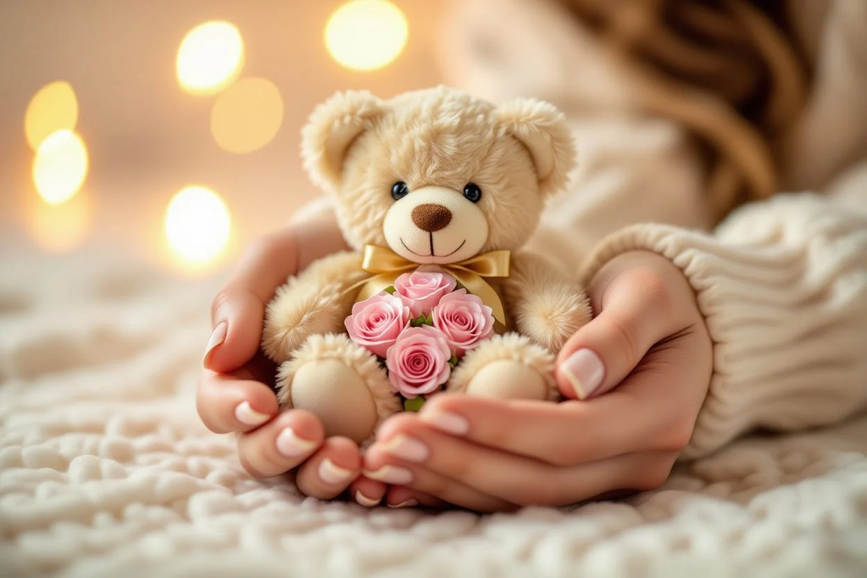 Hands holding romantic teddy bear gift with preserved flowers close-up detail shot