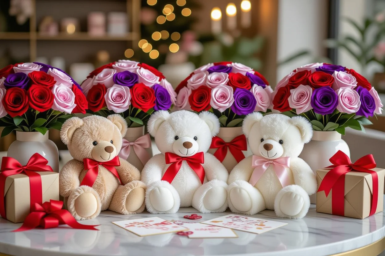 Collection of romantic teddy bear gifts with preserved flowers gift guide display