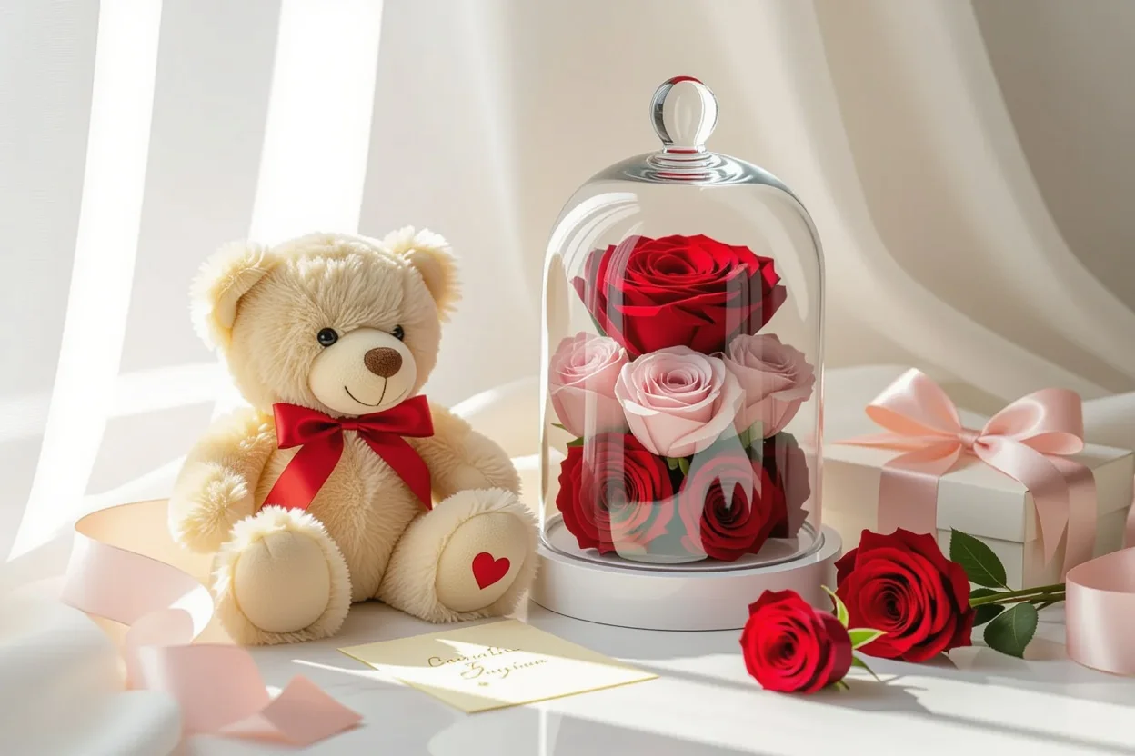 Romantic teddy bear gift set with preserved roses in glass dome for Valentine's Day
