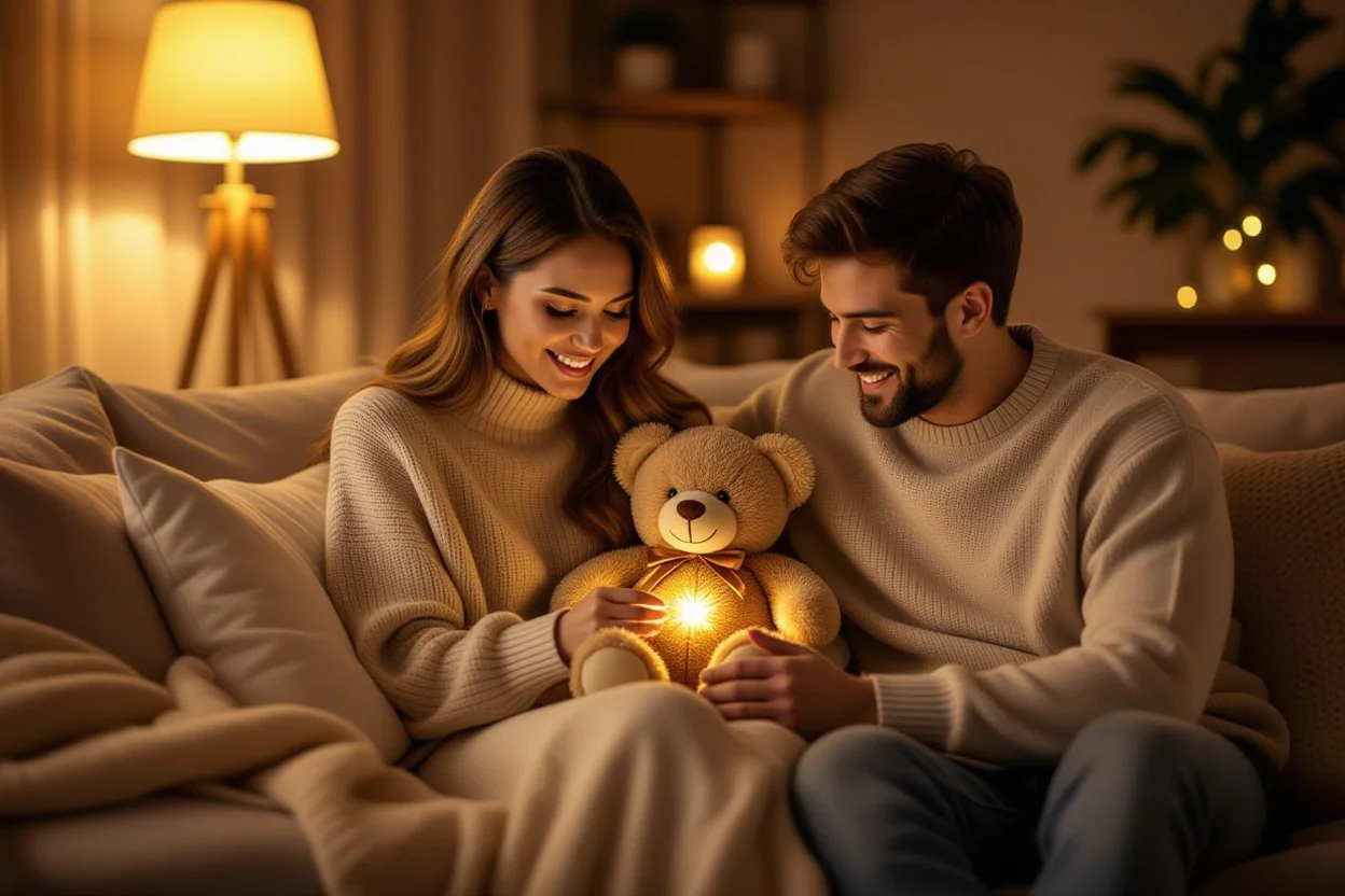 Couple sharing intimate moment with surprise teddy bear gift in cozy living room