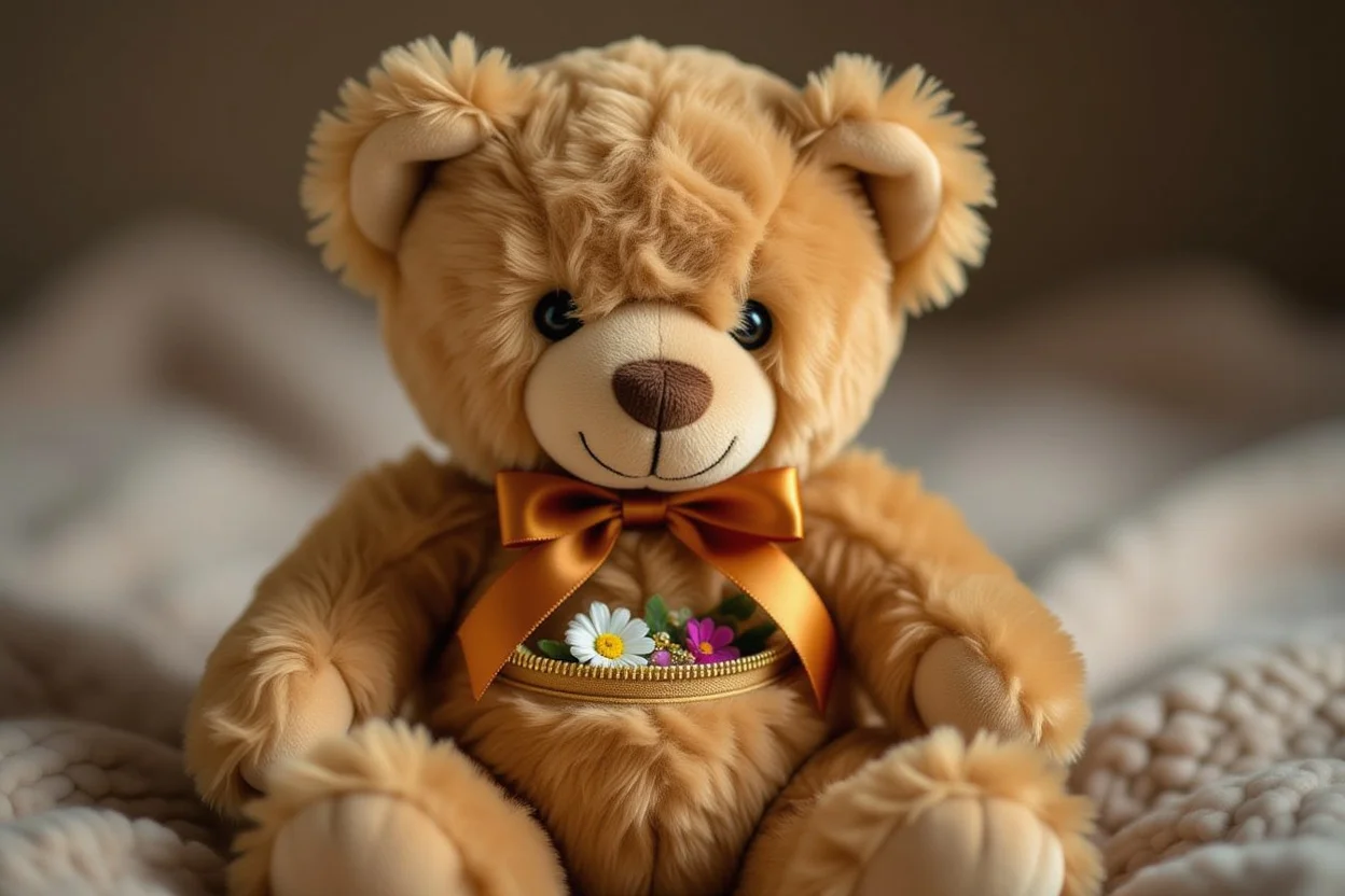 Close-up of teddy bear with hidden compartment revealing romantic surprise gift inside