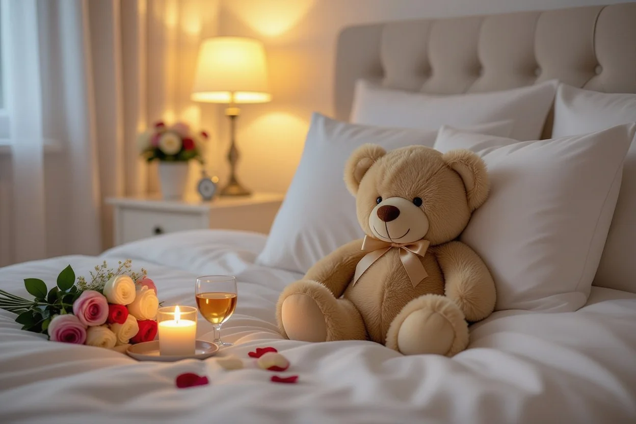 Peaceful evening bedroom scene with romantic teddy bear gift and preserved flowers