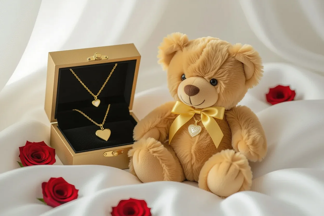 Mountova teddy bear with hidden necklace compartment and preserved roses romantic gift set