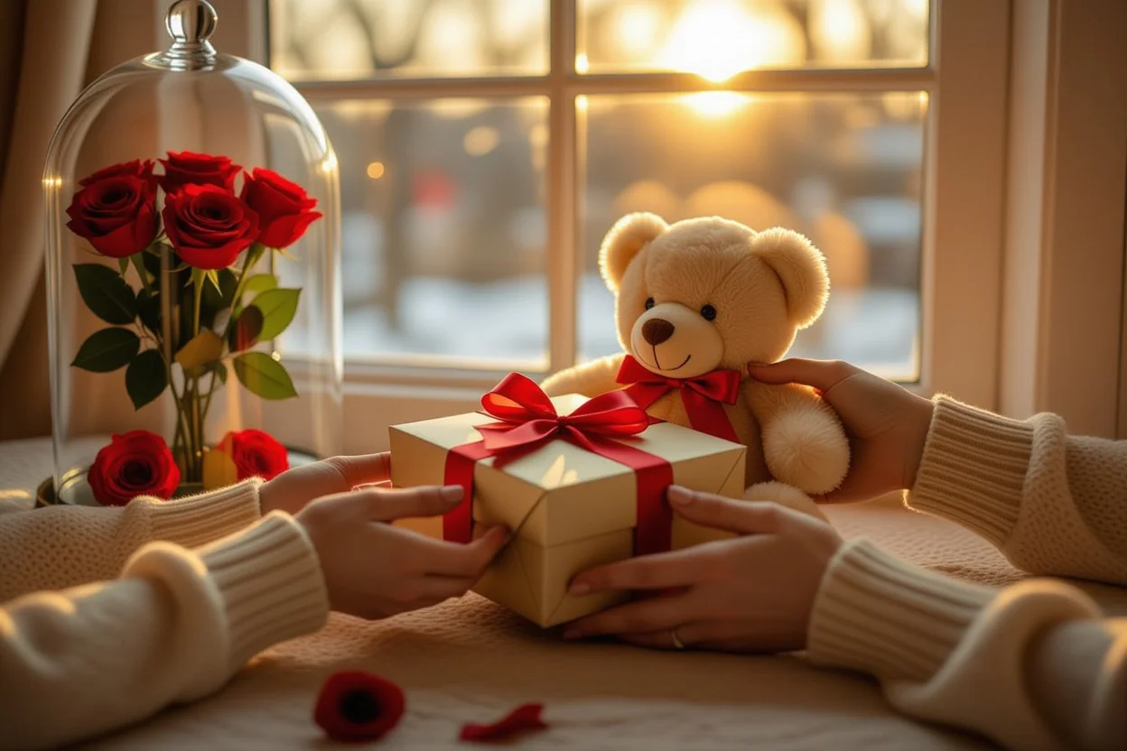 Romantic gift exchange moment with teddy bear surprise gift and forever roses