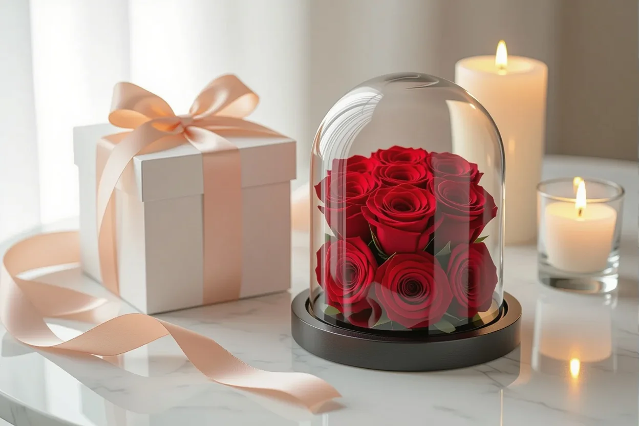 Forever roses in glass dome romantic Valentine's Day anniversary gift arrangement