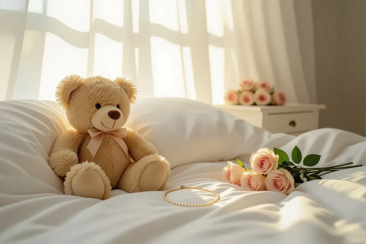 Cozy romantic morning scene with teddy bear necklace and preserved roses gift set