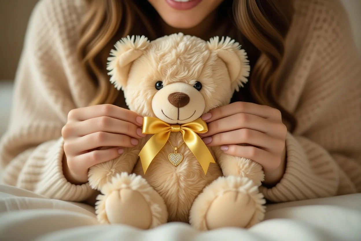 Woman discovering hidden gold necklace surprise in teddy bear gift, romantic moment