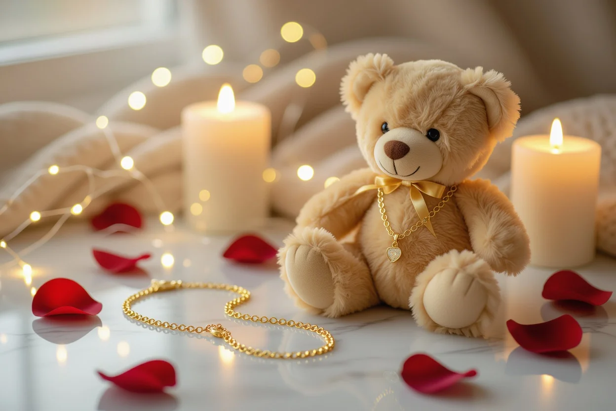 Elegant gift arrangement with teddy bear and 18K gold necklace for romantic everyday surprises