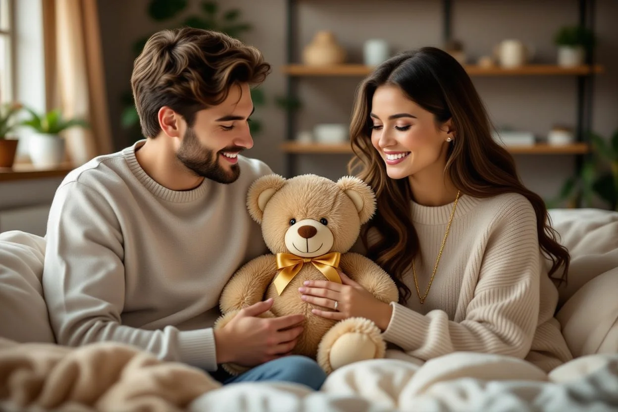 Couple sharing romantic teddy bear gift moment, everyday romance and surprise gifts for relationships