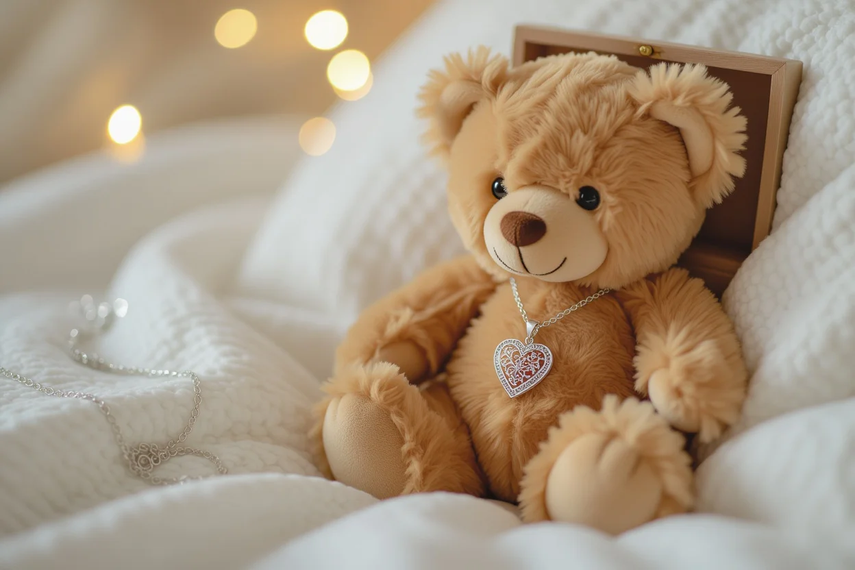 Mountova Pro teddy bear with hidden heart necklace being revealed, romantic gift for her