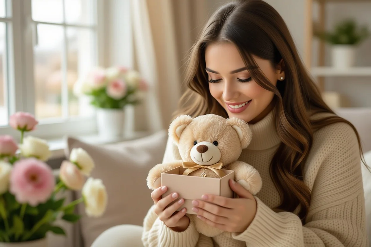 Woman discovering hidden necklace in teddy bear gift, surprised and happy expression